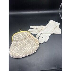 Vintage Corde-Bead by Lumured Evening Bag/ Clutch With Gloves Ivory/Gold Trim